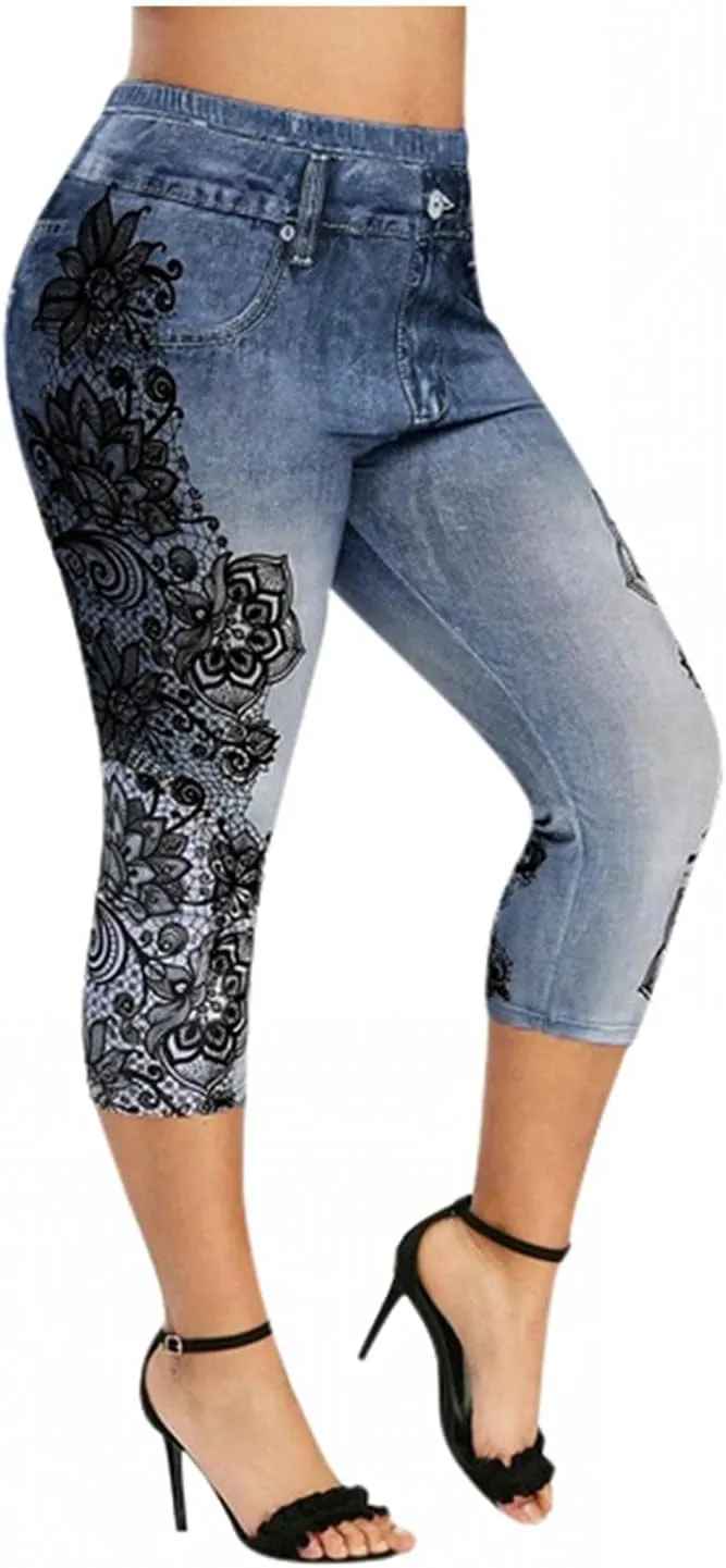 2021 Women Stretch Skinny Jeans Plus Size Floral Printed Boyfriend Jeans Classic Denim Leggings with Pockets Mid Rise Slim Jeans Dark Blue