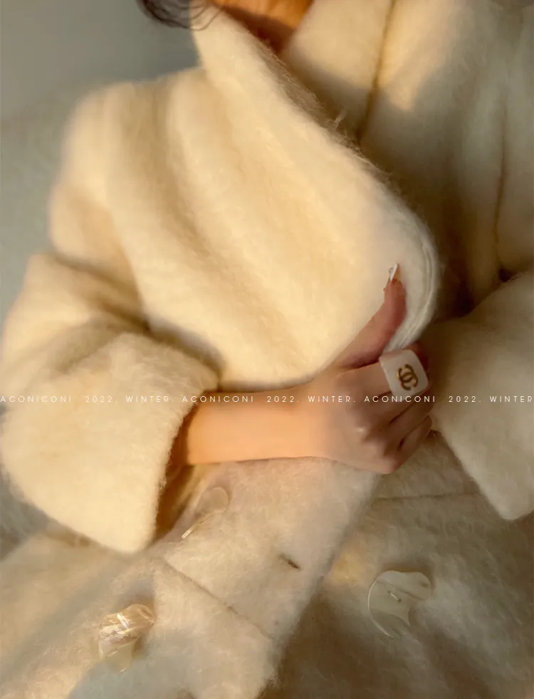 Aconiconi Elegant White Tweed Long Sleeve cropped Winter Coat- Yao Te