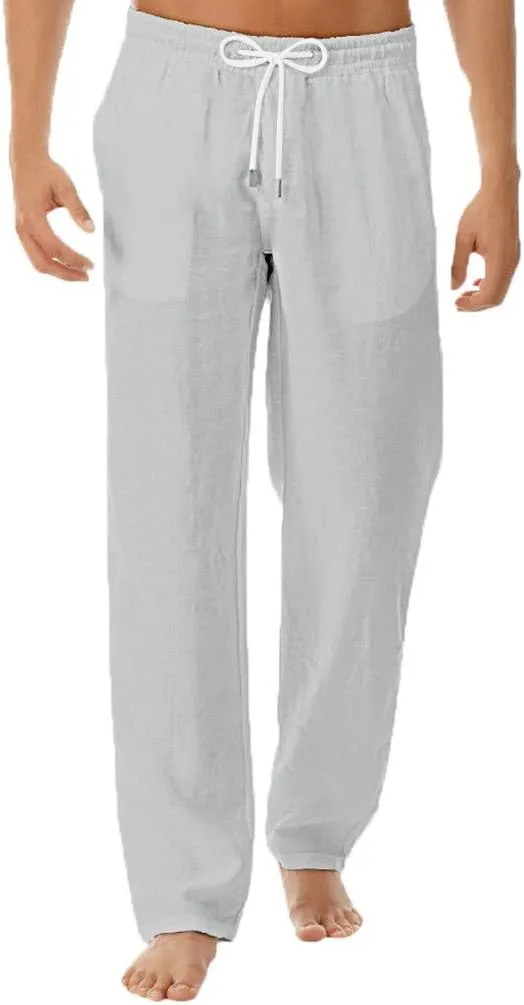 Akklian Mens Linen Drawstring Pants Elastic Waist Lightweight Trouser Casual Loose Summer Beach Yoga Pant Soft Comfy Trouser