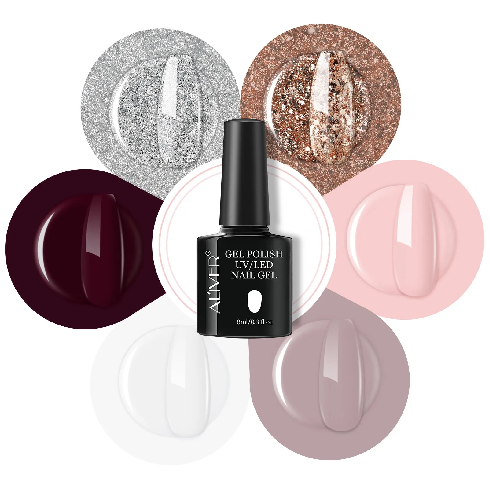Aliver gel nail polish set, Warm Wood  with top and base coat - 6 Colors