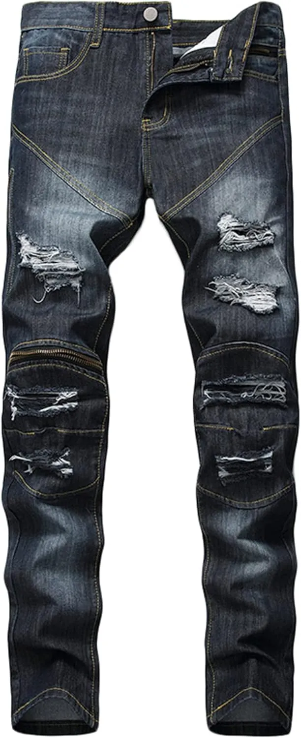 Andongnywell Mens Straight Leg Regular Fit Classic Basic Denim Jeans Classic Biker Jeans Ripped Casual Pants