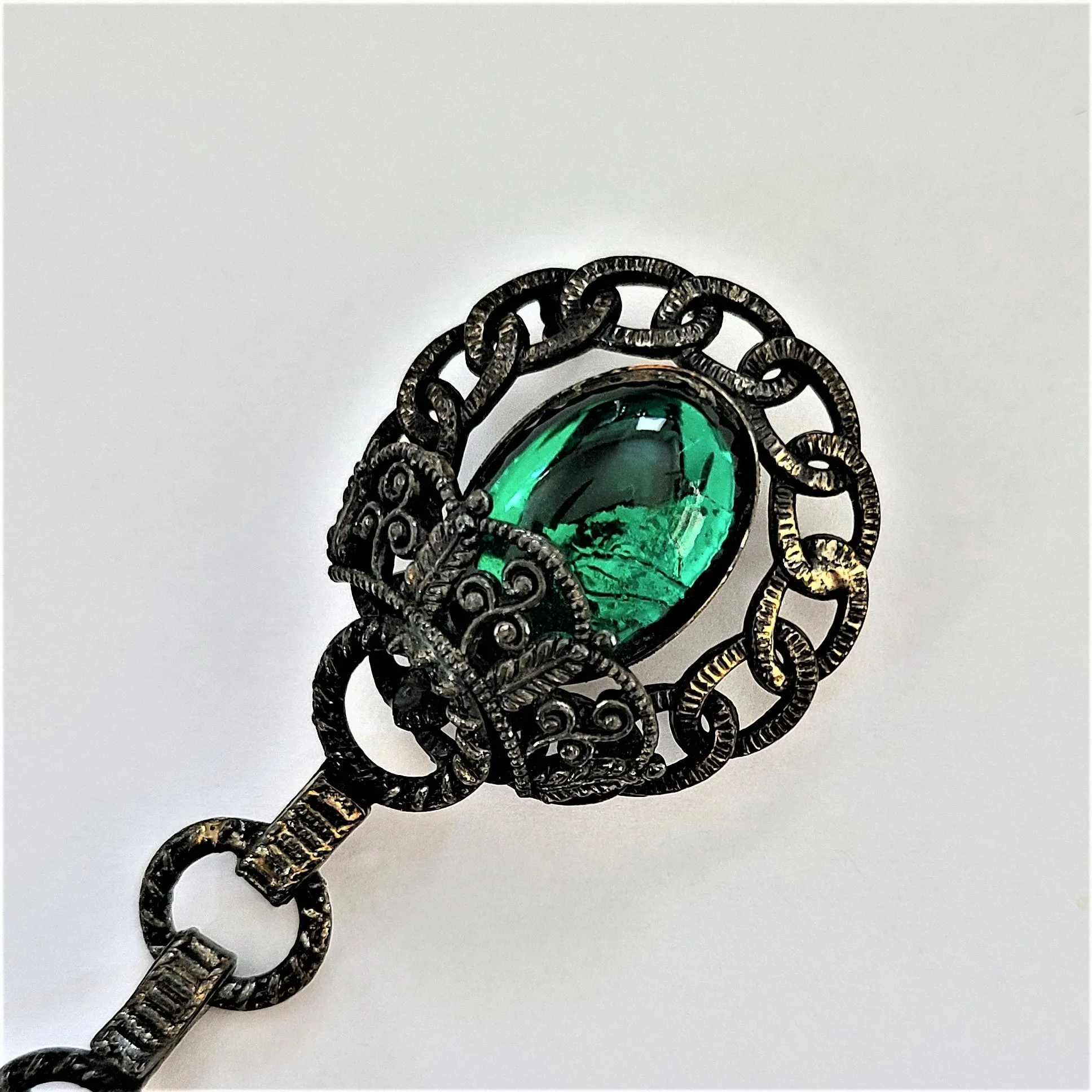 Antiqued Goldtone and Green Cabochon Coat / Cloak Closure