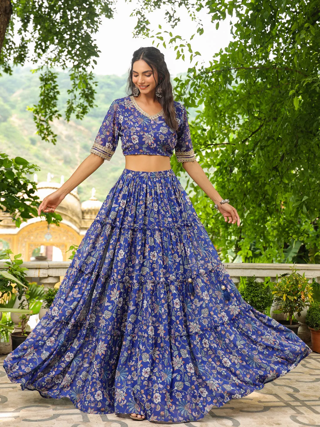 Blue Georgette Floral Printed Tiered Lehenga Choli Set