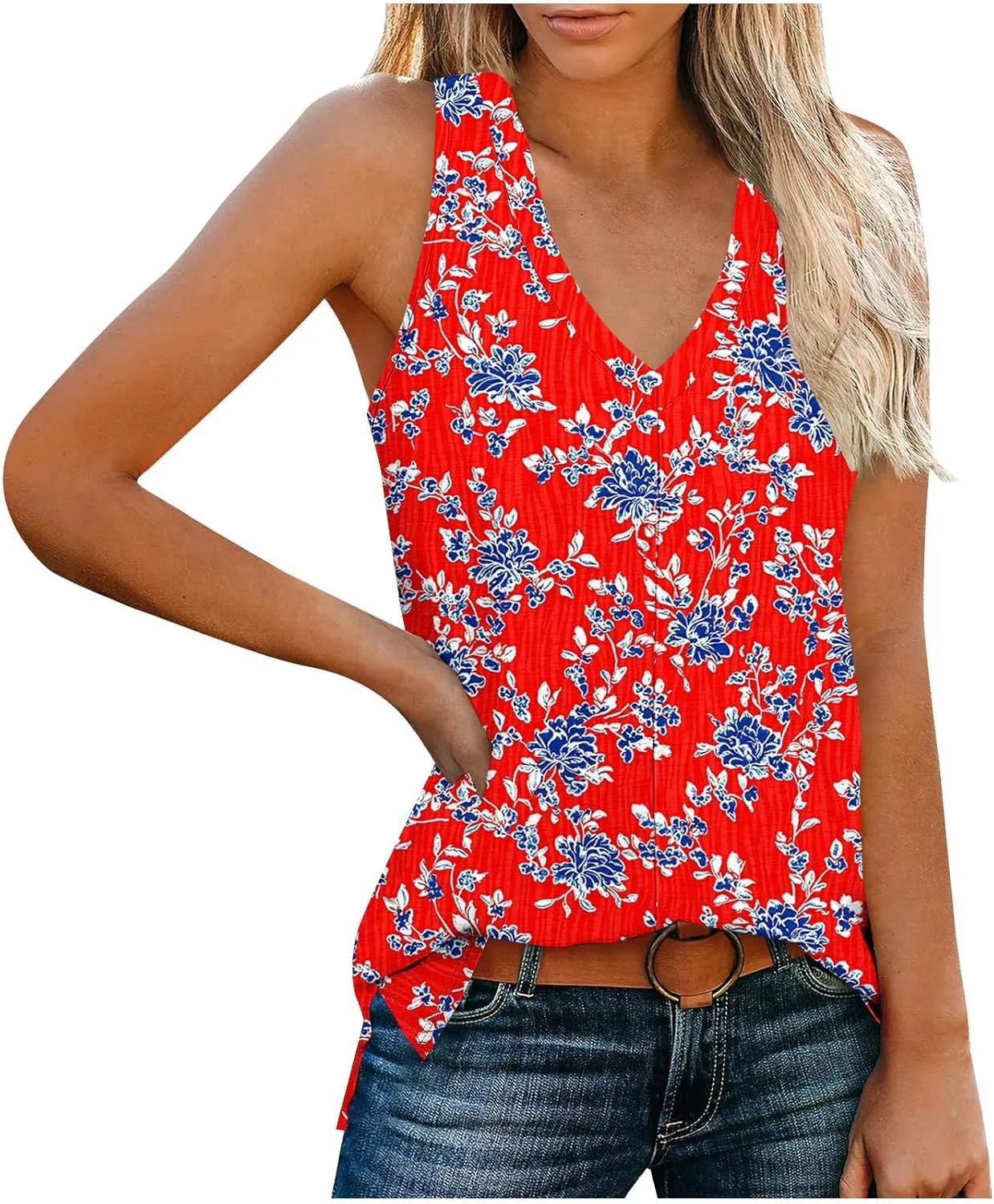 Boho Floral Tank Top for Women Sleeveless V Neck Summer Casual Loose Fit Printed Camisole Blouse with Side Split