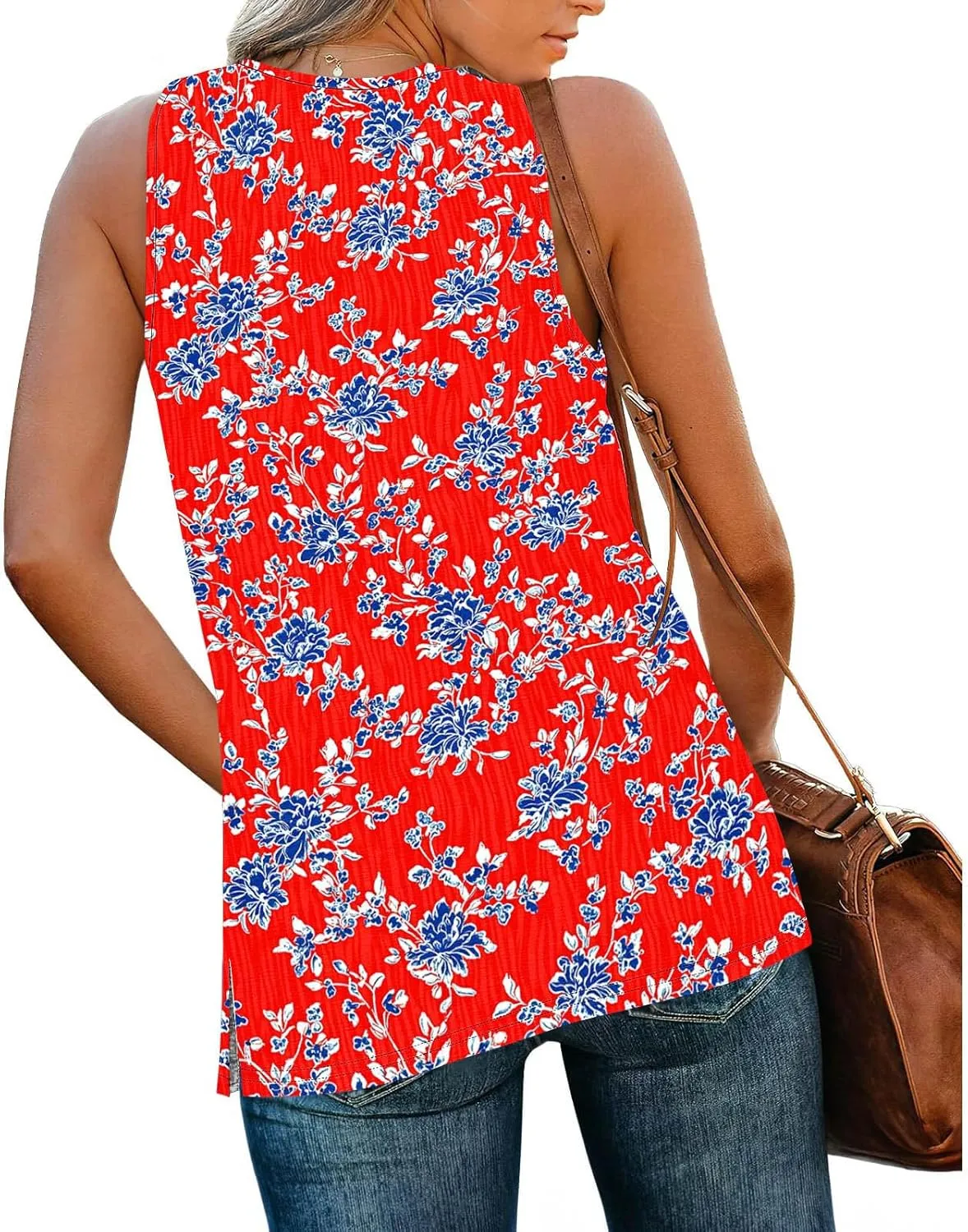 Boho Floral Tank Top for Women Sleeveless V Neck Summer Casual Loose Fit Printed Camisole Blouse with Side Split