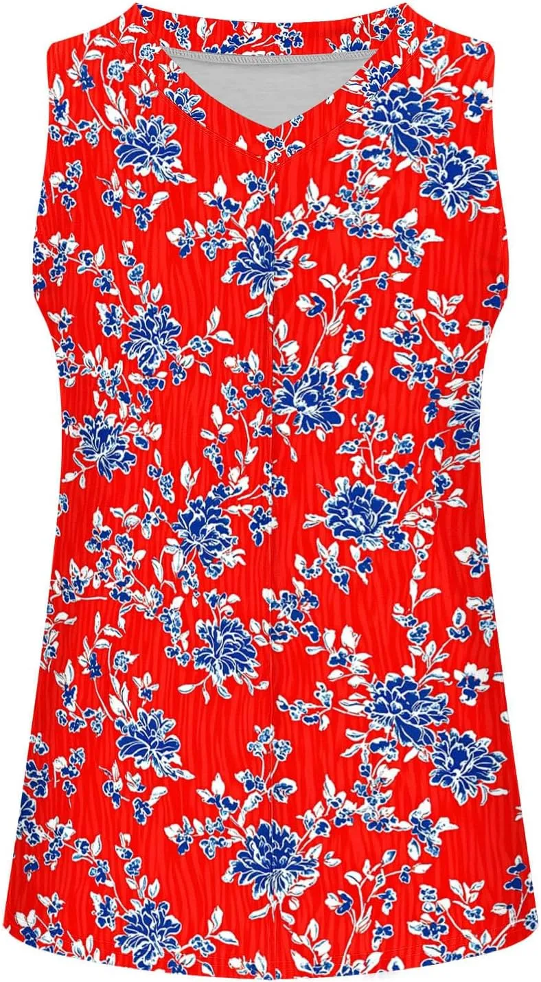 Boho Floral Tank Top for Women Sleeveless V Neck Summer Casual Loose Fit Printed Camisole Blouse with Side Split