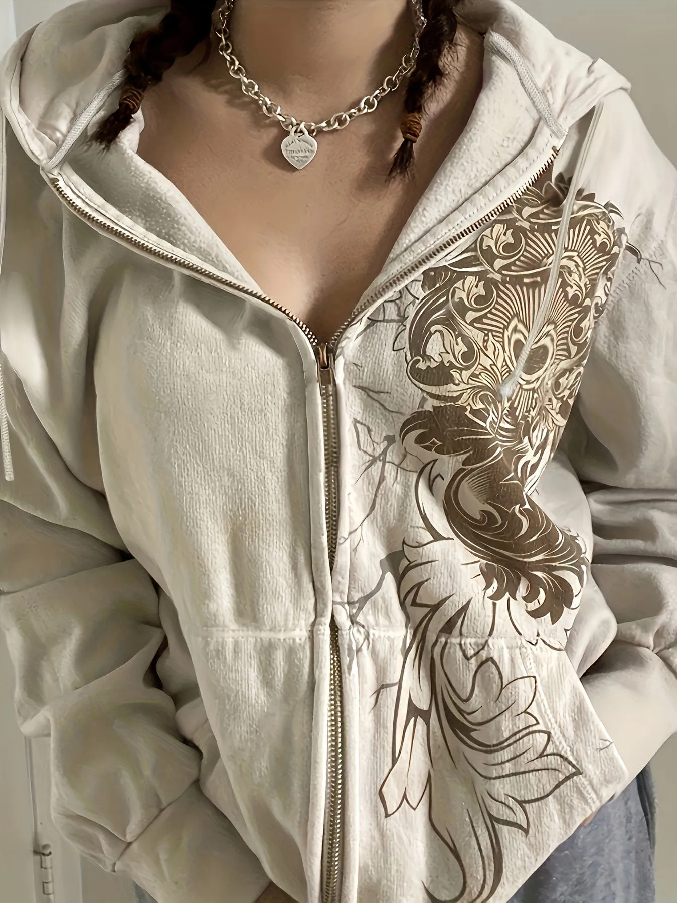 Brown and Beige Floral Print Hoodie