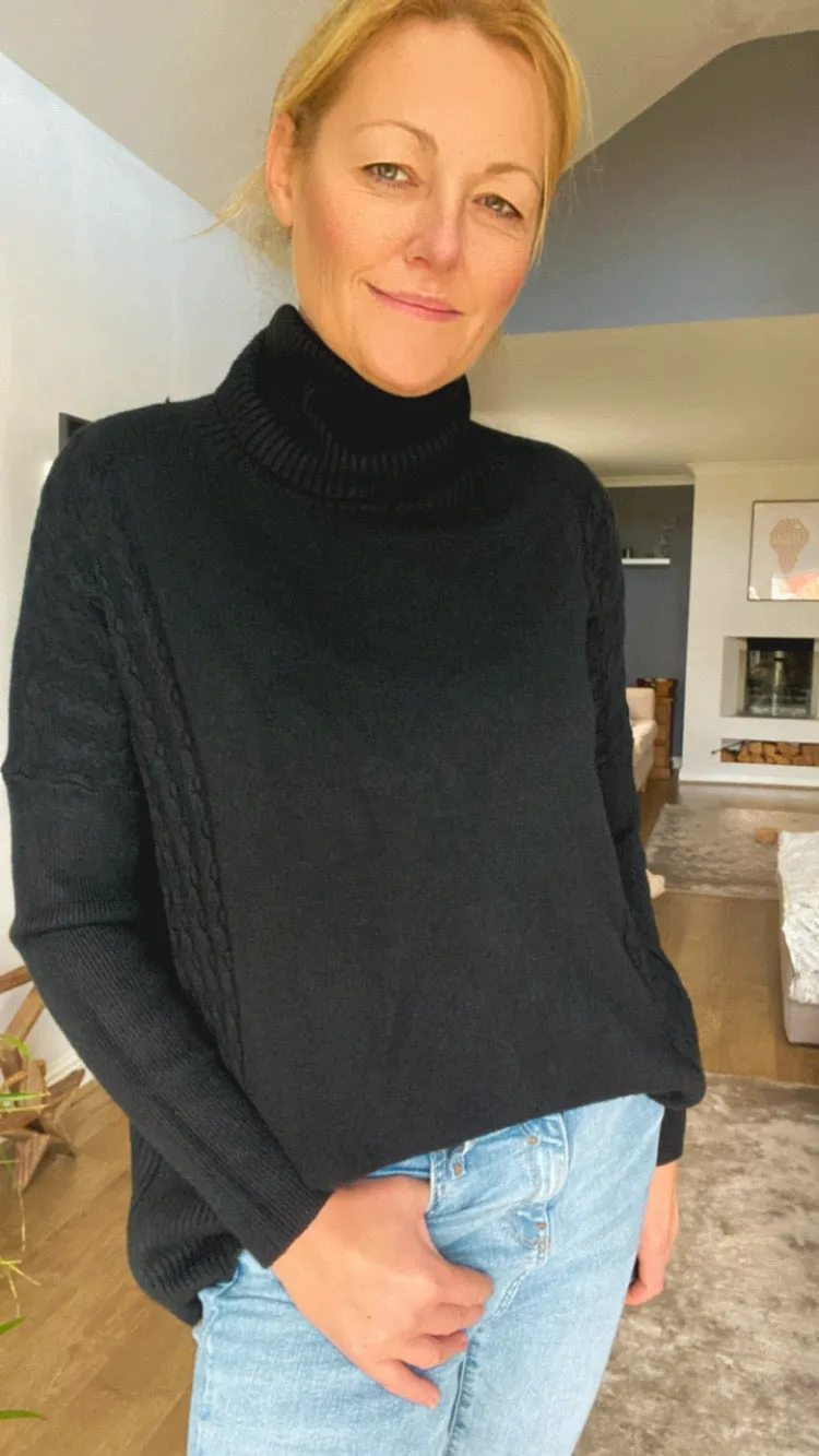 Cable Detail Cowl Neck Jumper - Black