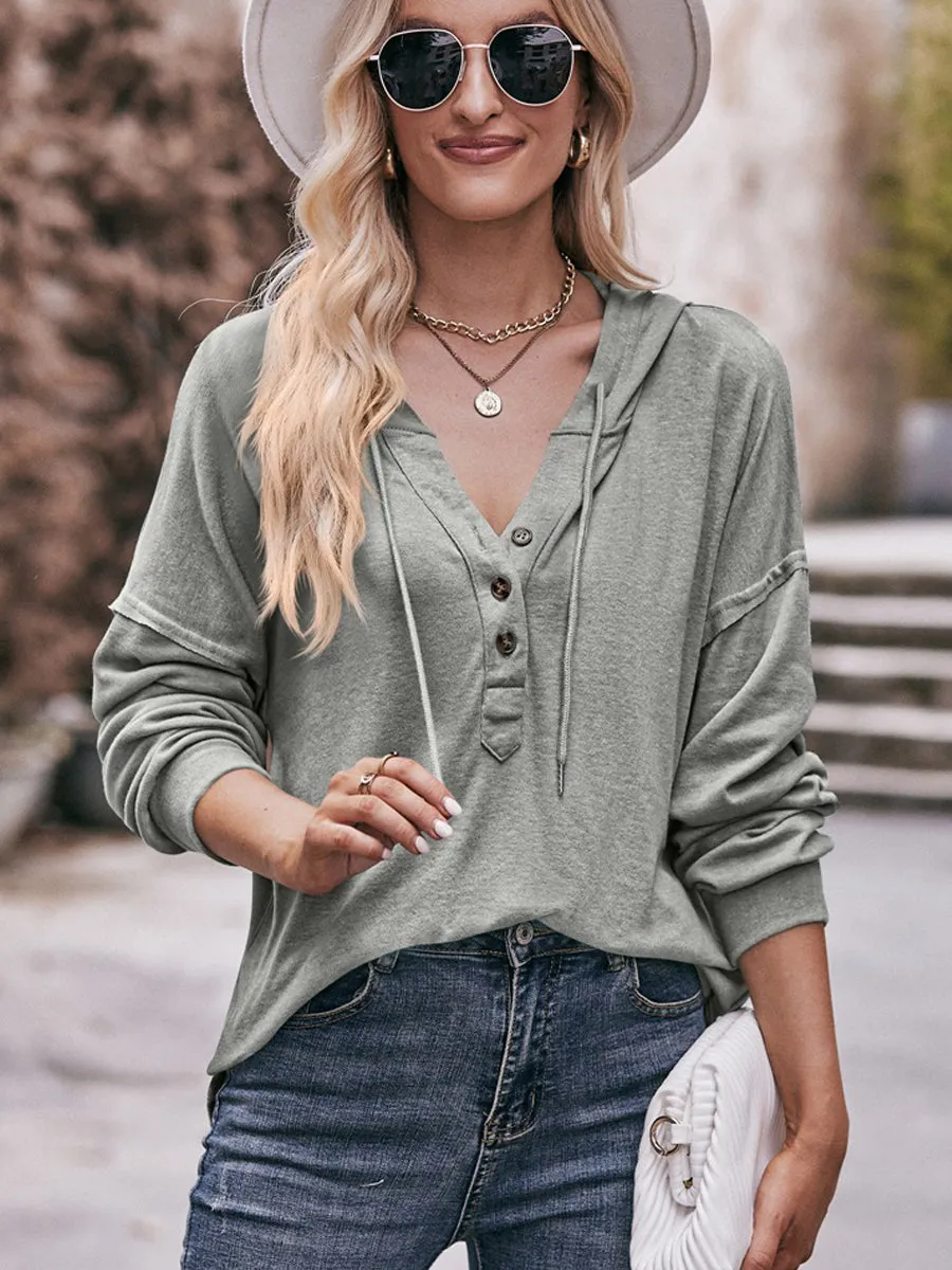 Casual Solid Color Loose Button Hoodie