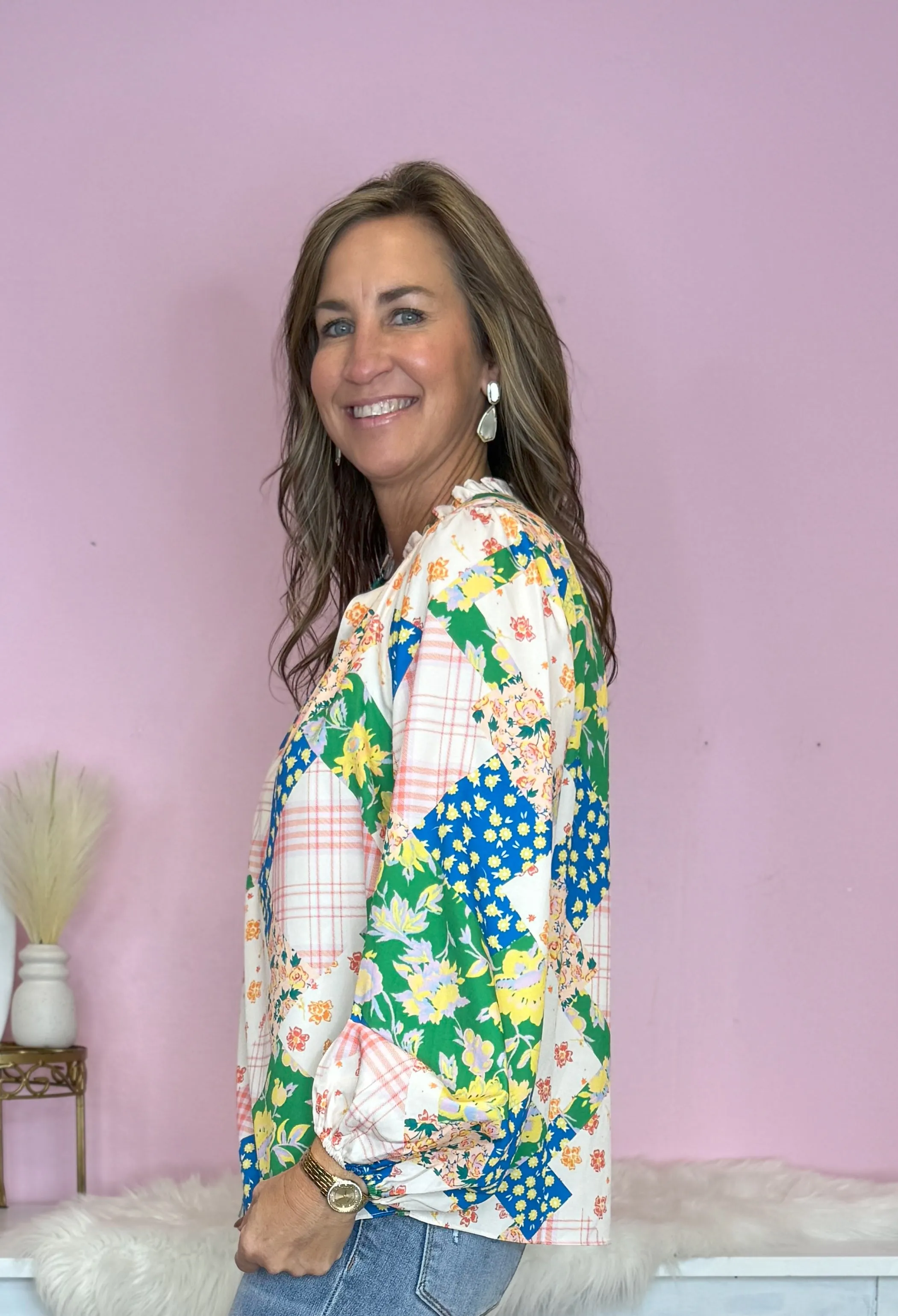 Created Beautifully Ivory Mix Floral Print V Neck Blouse