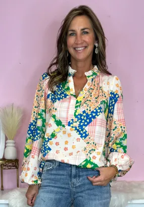Created Beautifully Ivory Mix Floral Print V Neck Blouse