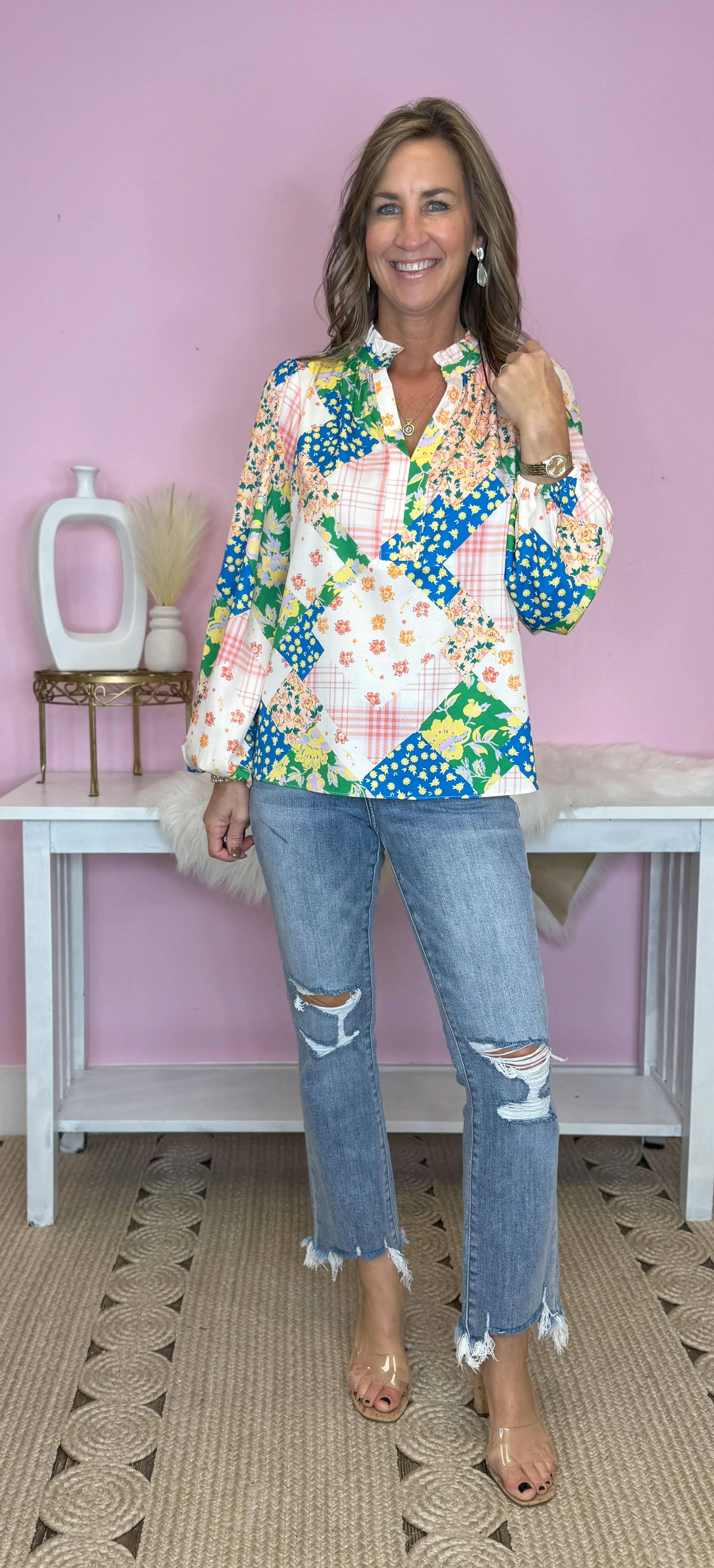 Created Beautifully Ivory Mix Floral Print V Neck Blouse