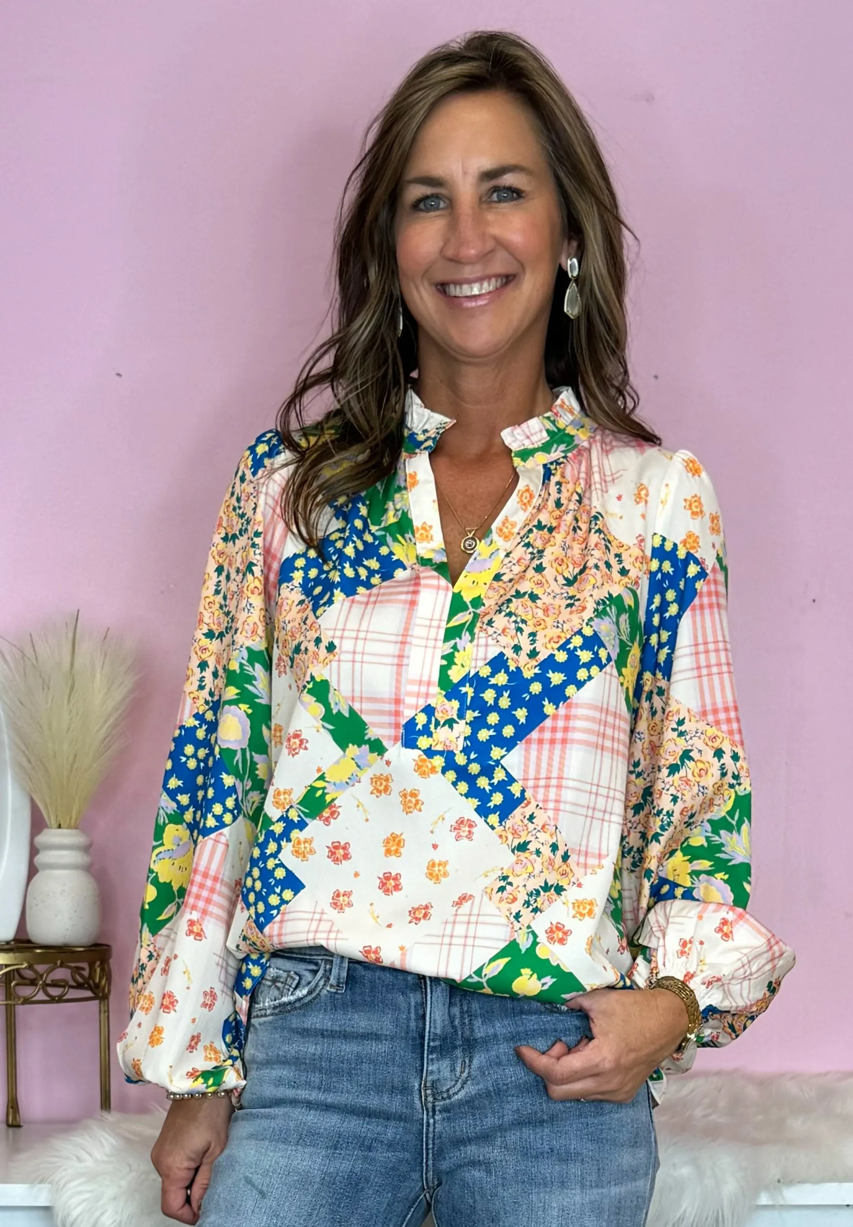 Created Beautifully Ivory Mix Floral Print V Neck Blouse