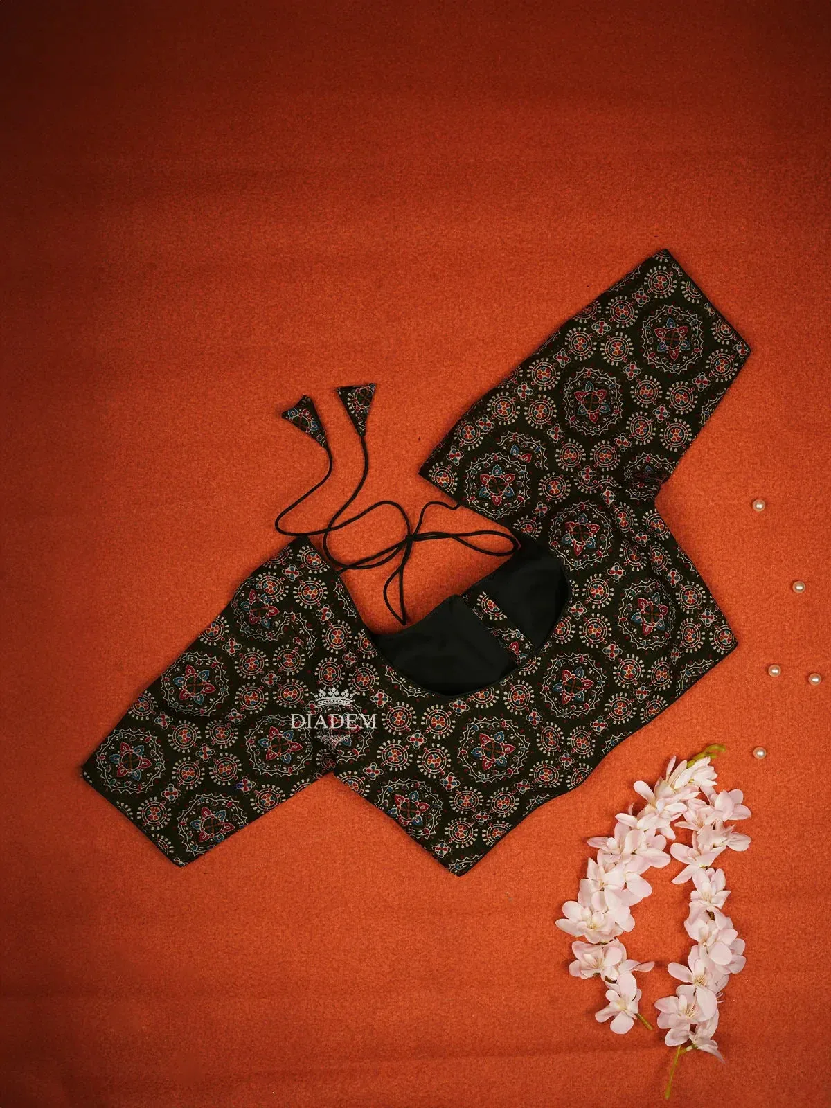 Dark Brown Cotton Readymade Blouse adorned with Floral Geometric Design