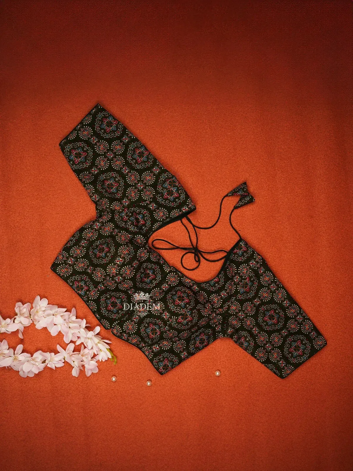 Dark Brown Cotton Readymade Blouse adorned with Floral Geometric Design