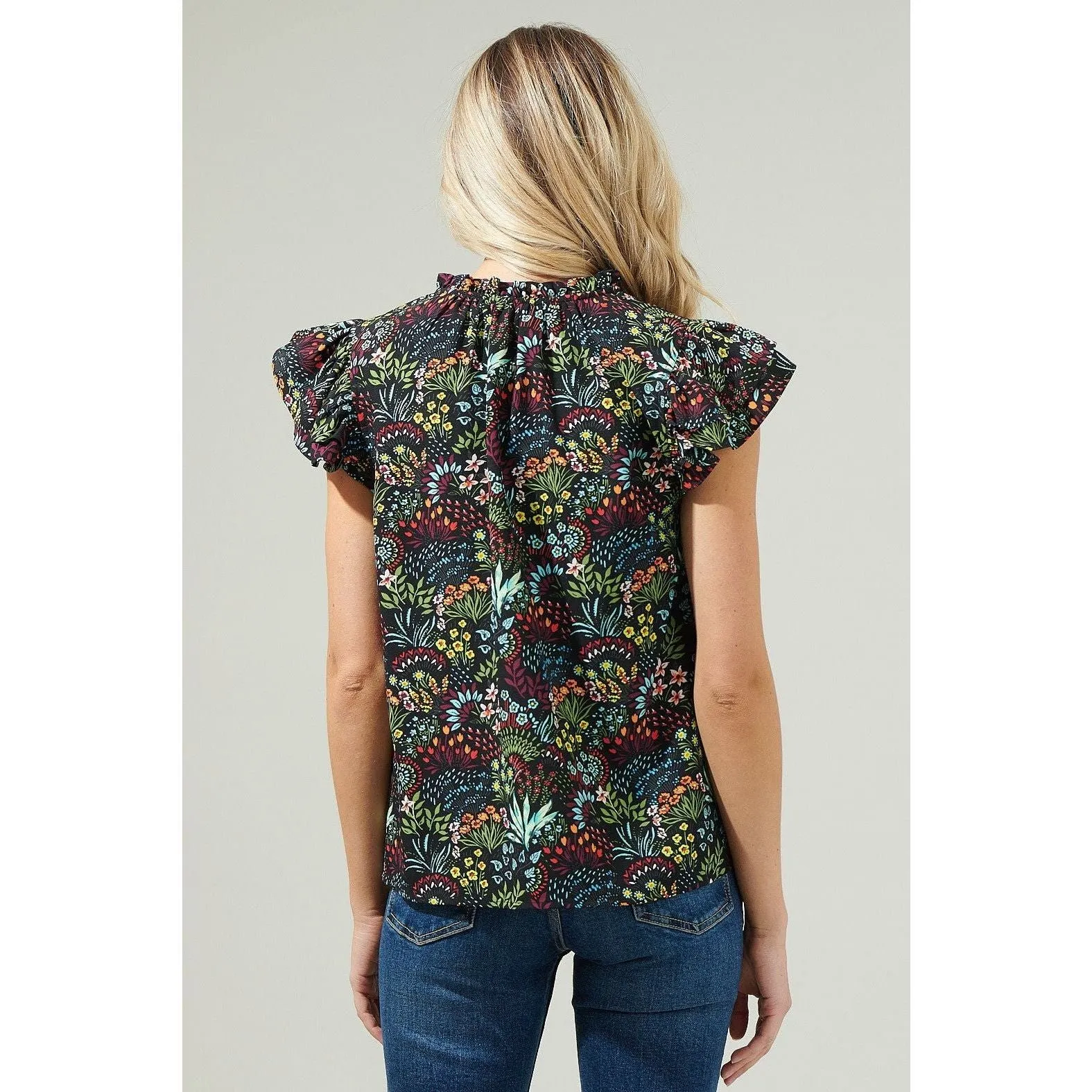 Dominique Floral Flutter Sleeve Split Neck Top