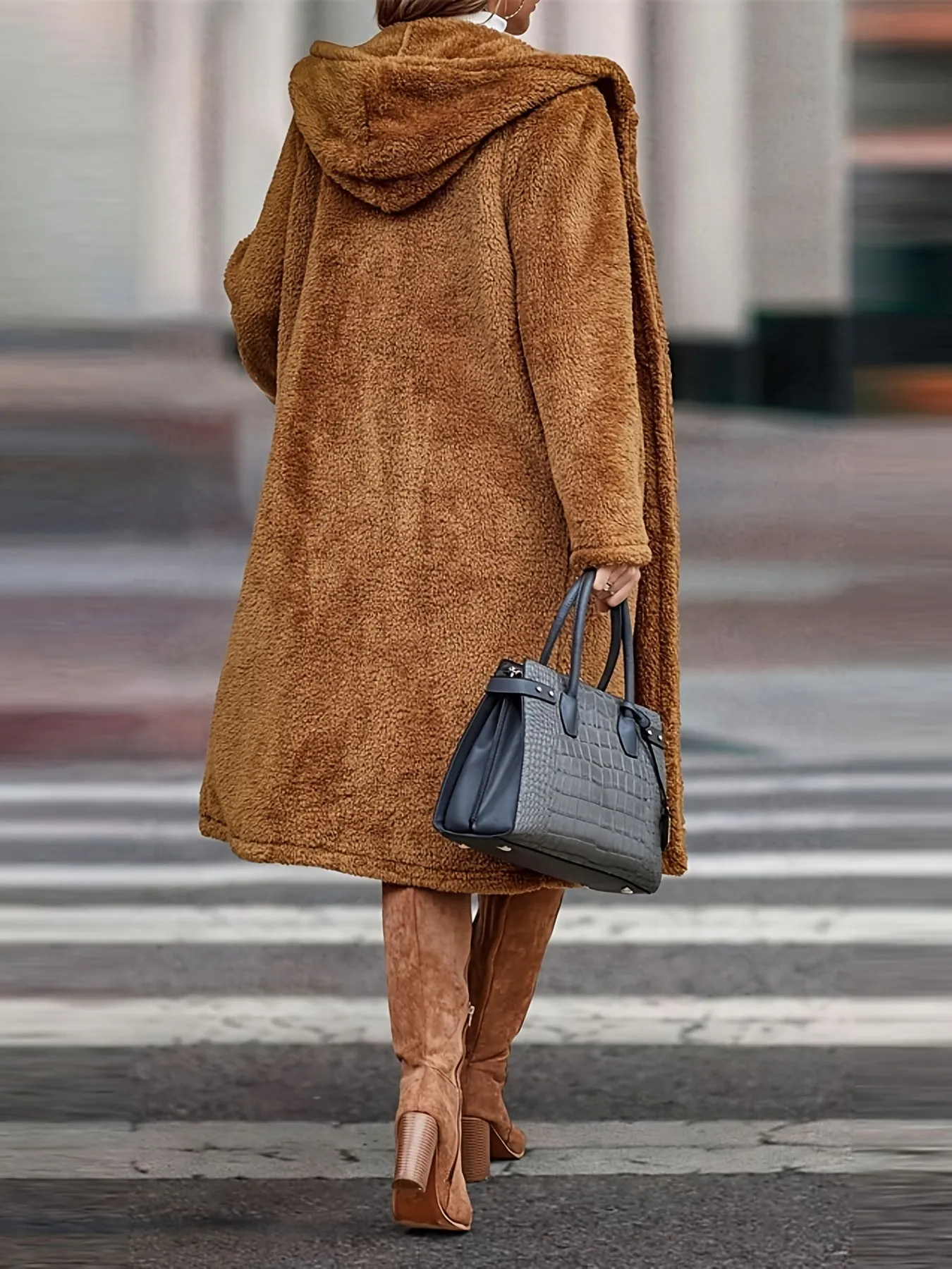 Elegant Solid Color Hooded Fleece Jacket for Women - Cozy & Warm, Perfect for Fall/Winter, Machine Washable