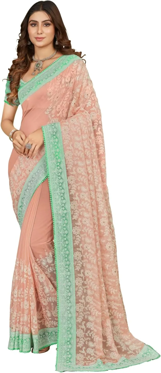 Elina fashion Indian Women's Chiffon Floral Embroidery Sari with Unstitched Blouse|Rakhi Diwali Festival Gift
