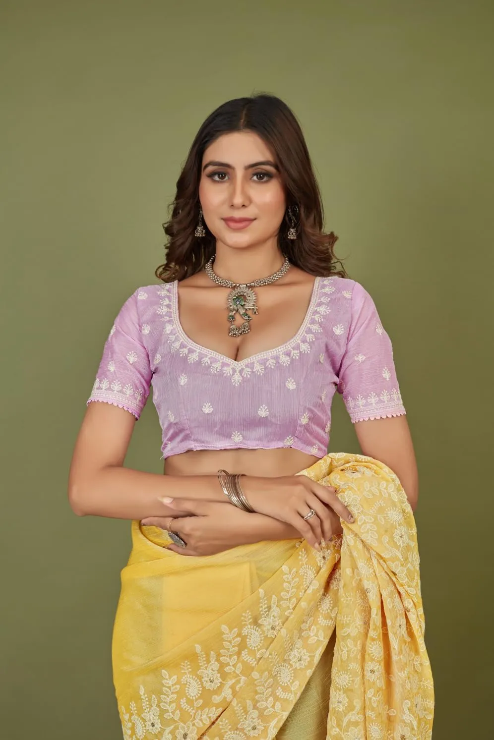 Elina fashion Indian Women's Chiffon Floral Embroidery Sari with Unstitched Blouse|Rakhi Diwali Festival Gift
