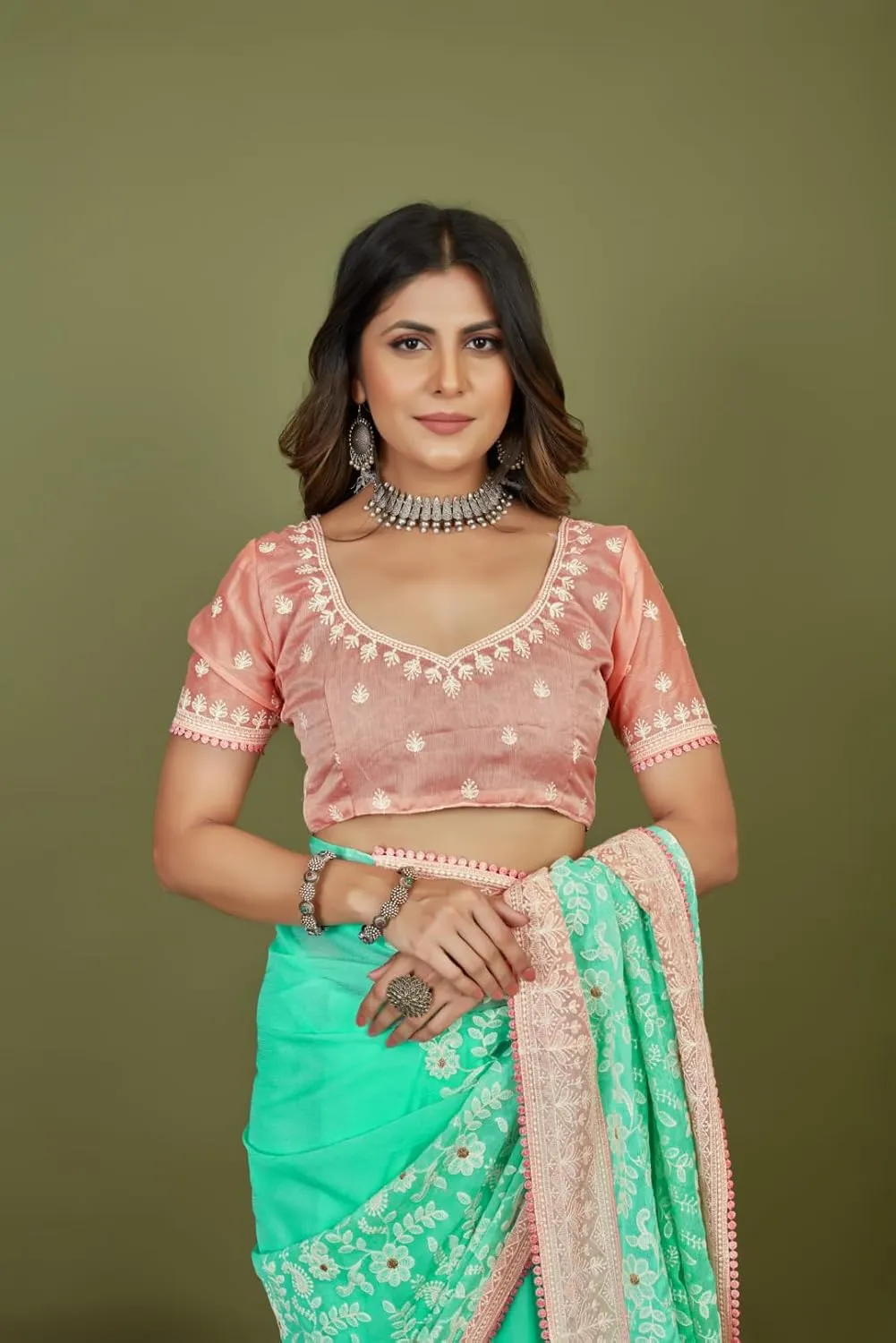 Elina fashion Indian Women's Chiffon Floral Embroidery Sari with Unstitched Blouse|Rakhi Diwali Festival Gift
