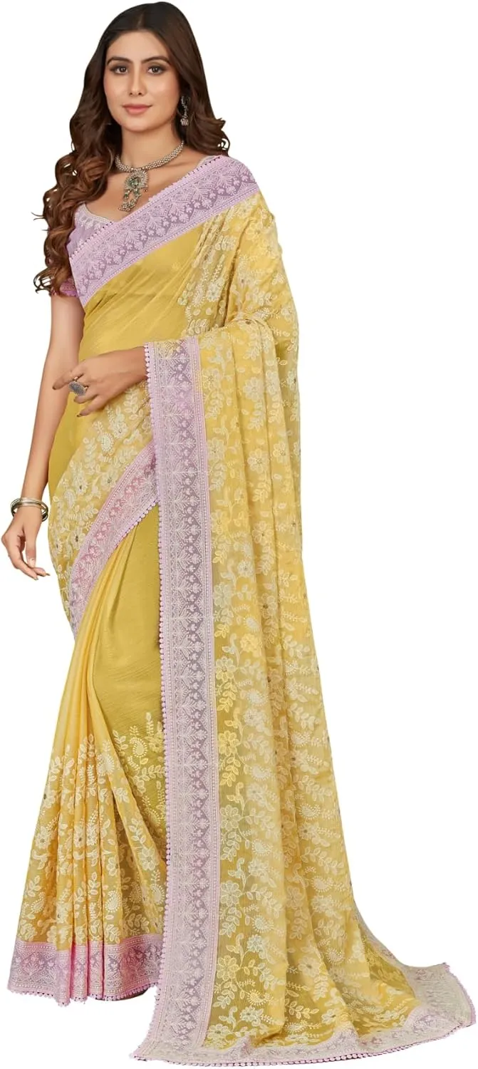Elina fashion Indian Women's Chiffon Floral Embroidery Sari with Unstitched Blouse|Rakhi Diwali Festival Gift