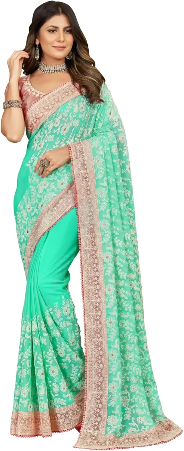 Elina fashion Indian Women's Chiffon Floral Embroidery Sari with Unstitched Blouse|Rakhi Diwali Festival Gift