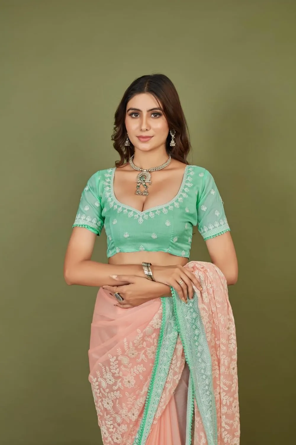 Elina fashion Indian Women's Chiffon Floral Embroidery Sari with Unstitched Blouse|Rakhi Diwali Festival Gift