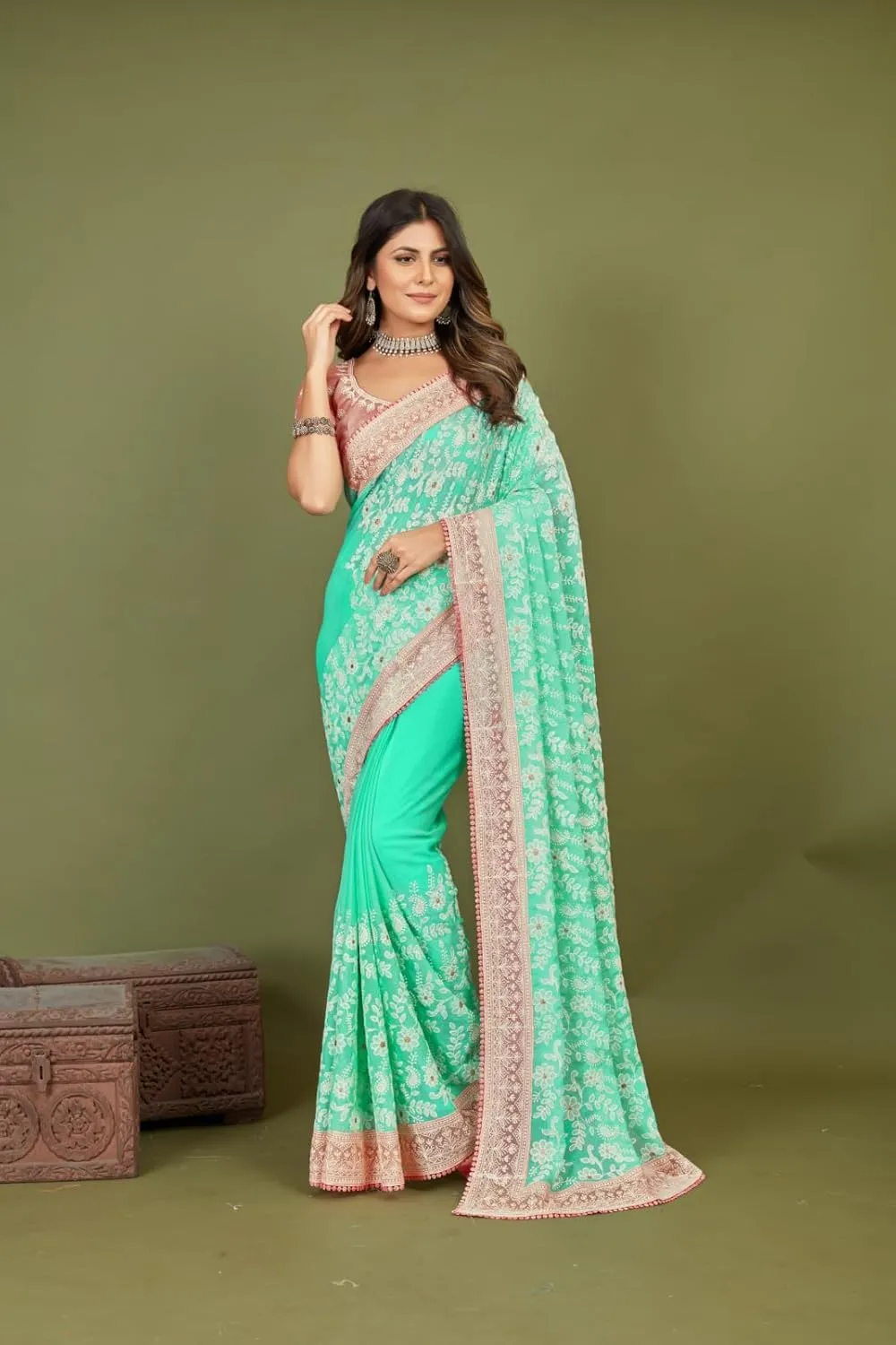 Elina fashion Indian Women's Chiffon Floral Embroidery Sari with Unstitched Blouse|Rakhi Diwali Festival Gift