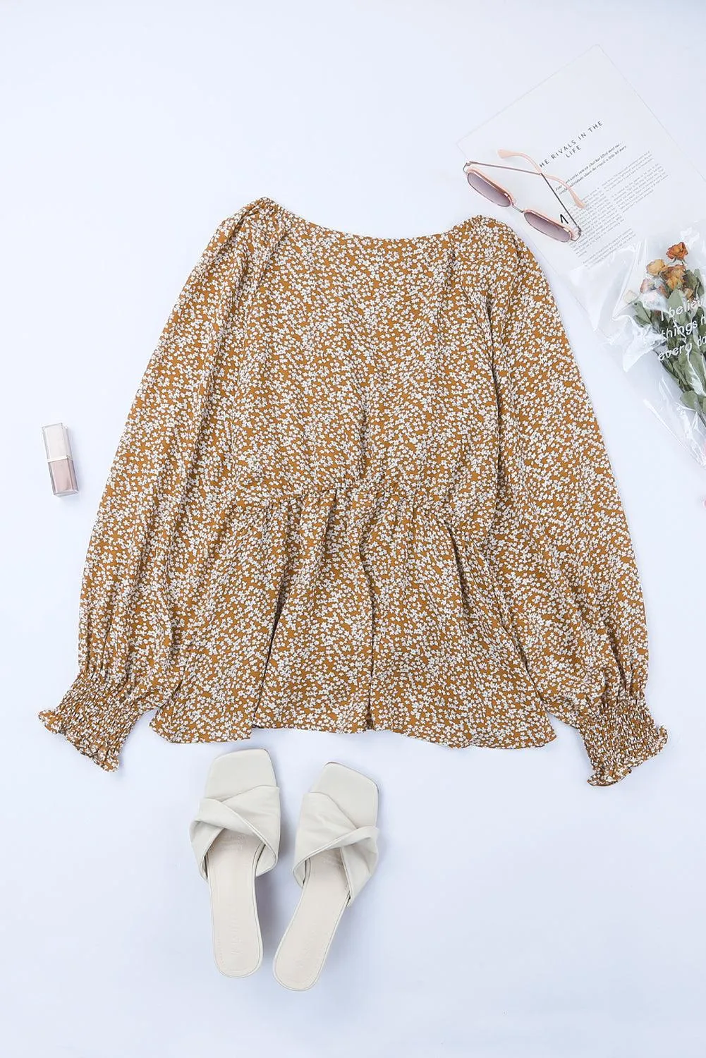 Floral Ruffled Long Sleeve Blouse with Front Tie for Women