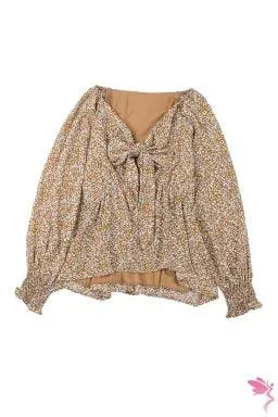 Floral Ruffled Long Sleeve Blouse with Front Tie for Women