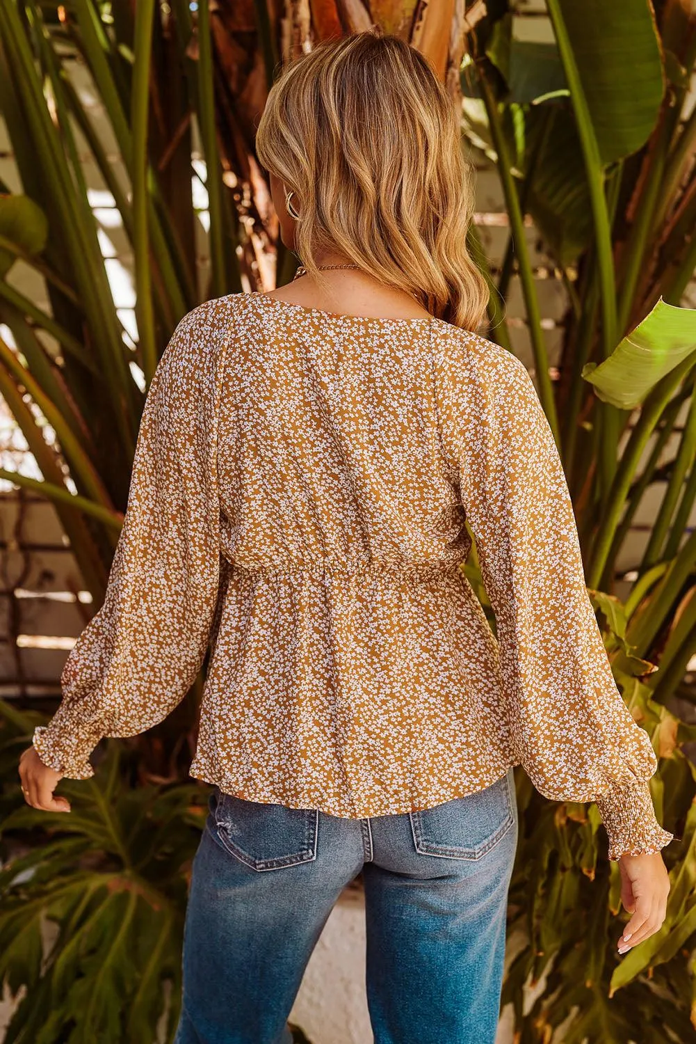 Floral Ruffled Long Sleeve Blouse with Front Tie for Women