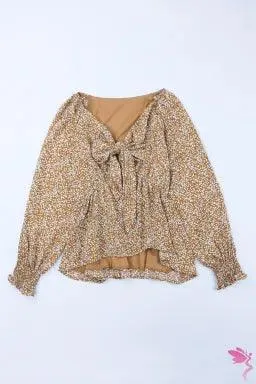 Floral Ruffled Long Sleeve Blouse with Front Tie for Women