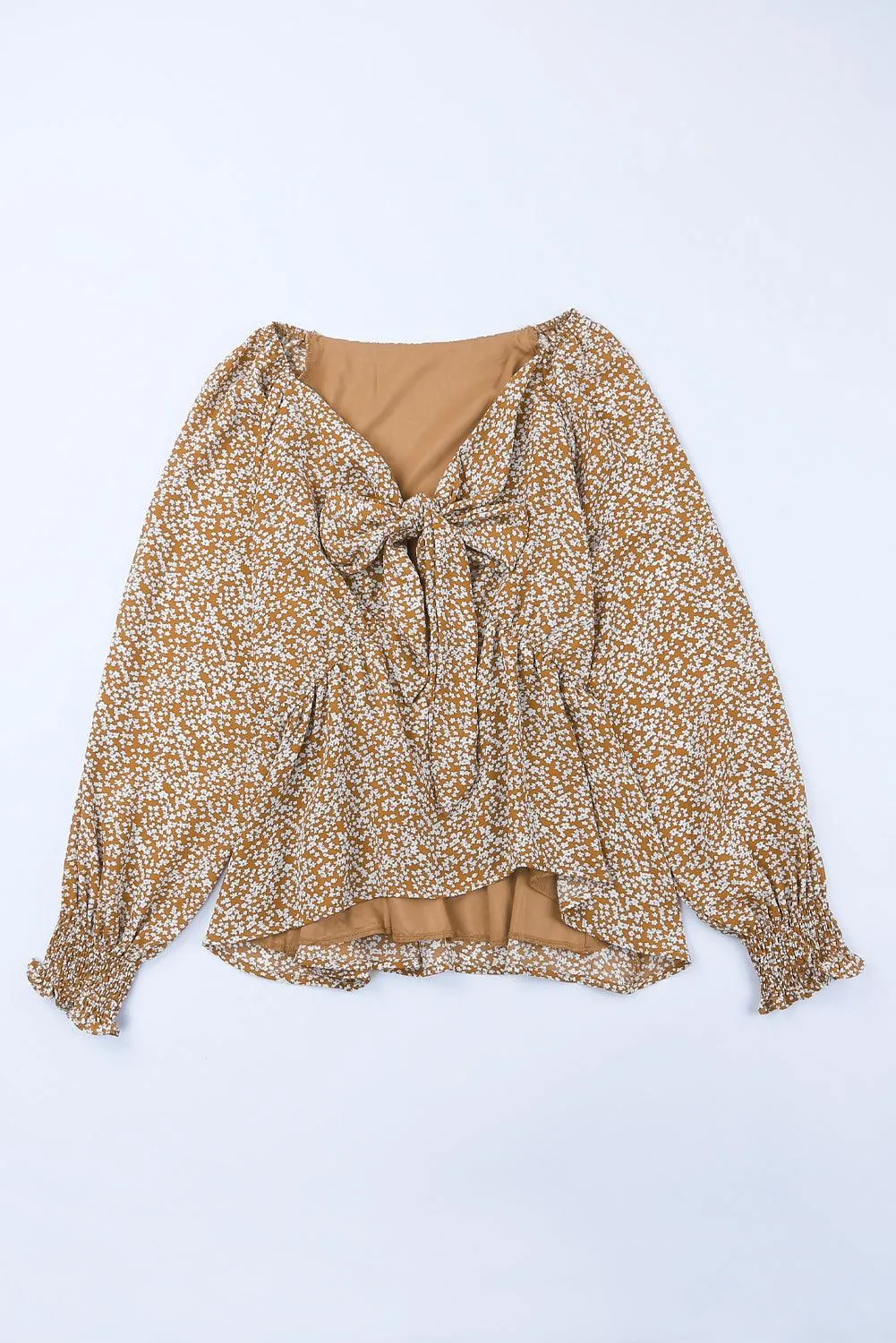 Floral Ruffled Long Sleeve Blouse with Front Tie for Women