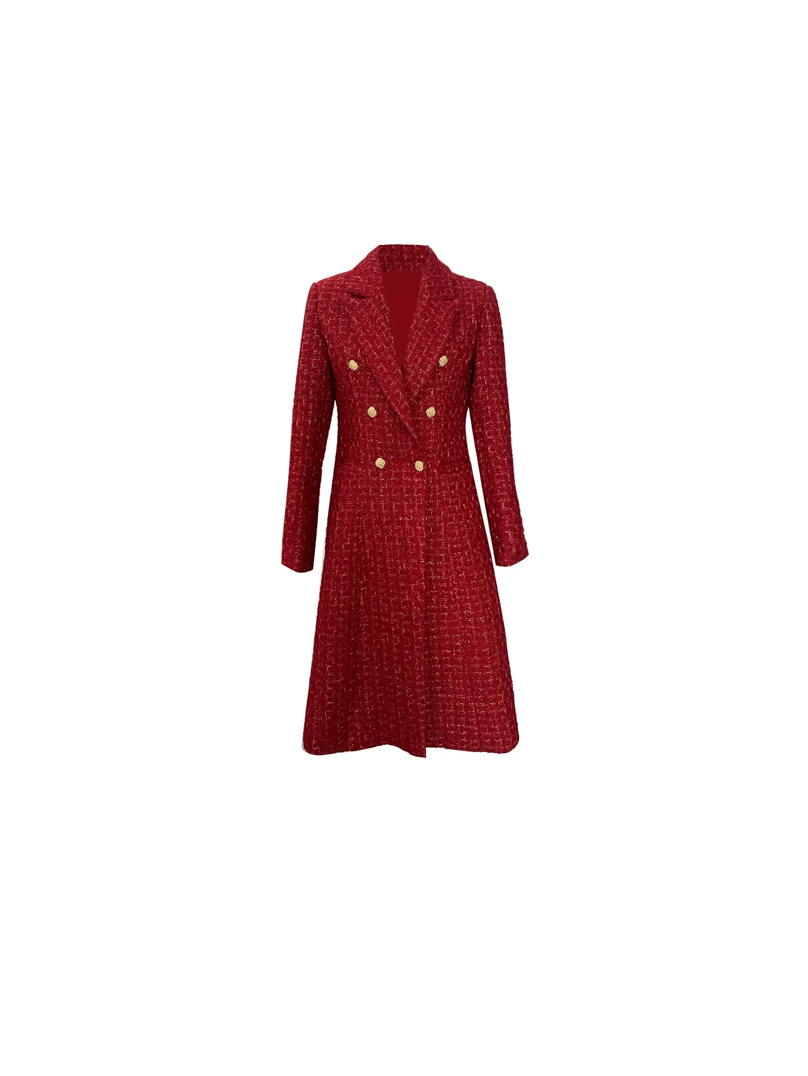 French retro wine red elegant modern bright light luxury waist modern mid-length coat jacket= Dora