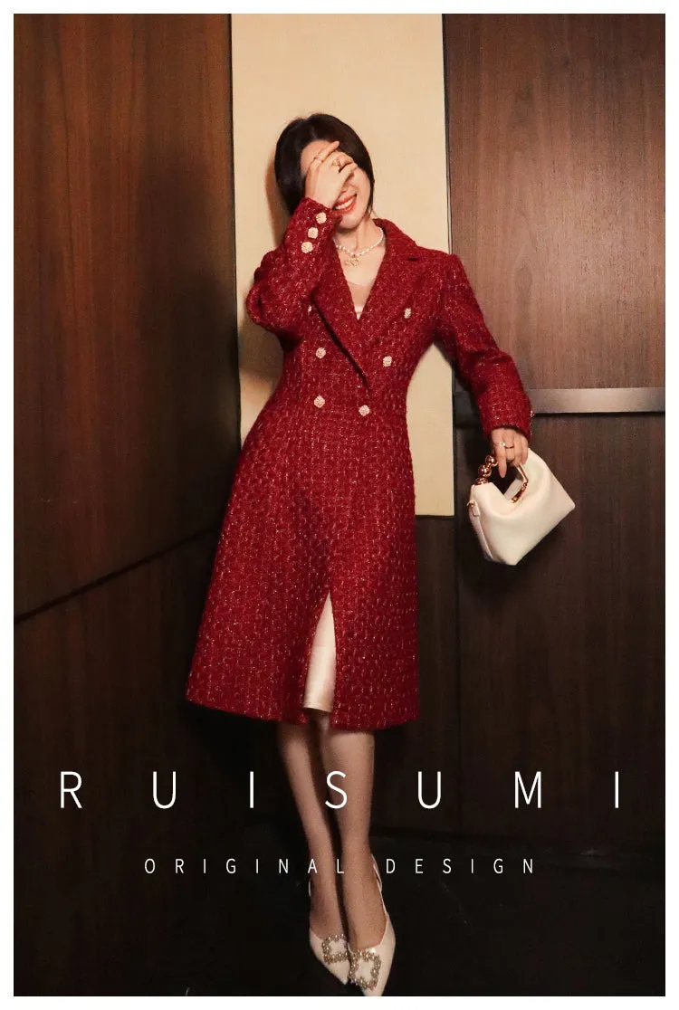 French retro wine red elegant modern bright light luxury waist modern mid-length coat jacket= Dora