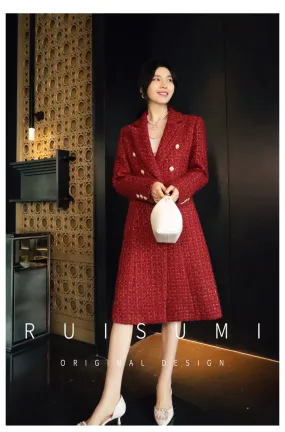 French retro wine red elegant modern bright light luxury waist modern mid-length coat jacket= Dora