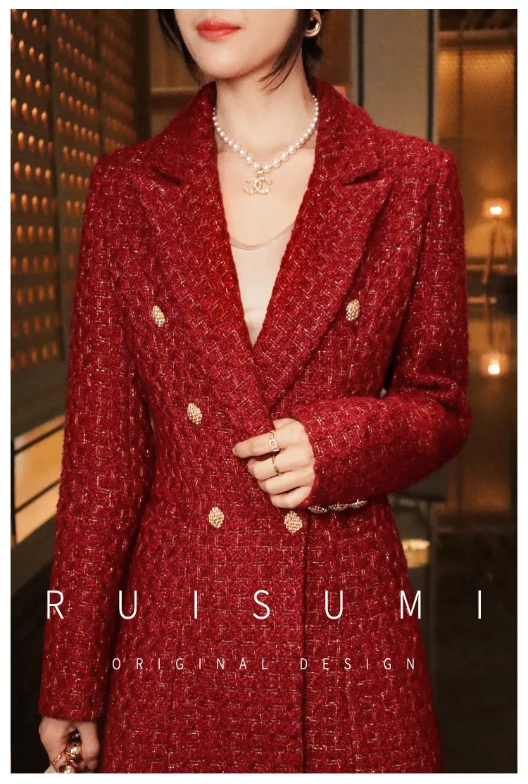 French retro wine red elegant modern bright light luxury waist modern mid-length coat jacket= Dora