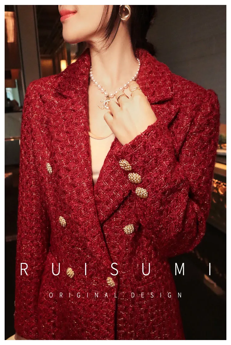 French retro wine red elegant modern bright light luxury waist modern mid-length coat jacket= Dora