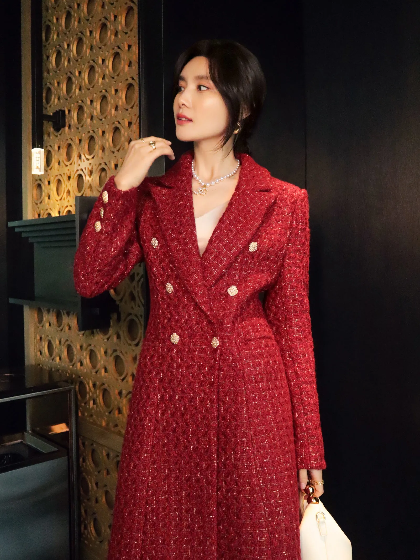 French retro wine red elegant modern bright light luxury waist modern mid-length coat jacket= Dora