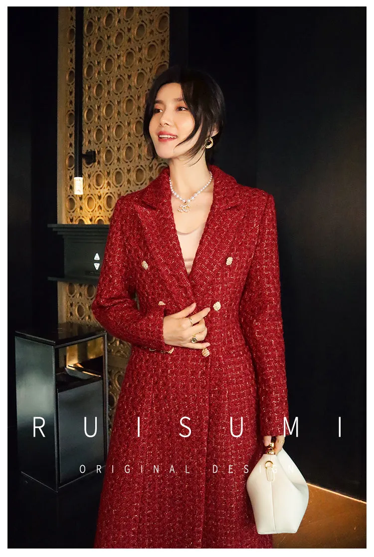 French retro wine red elegant modern bright light luxury waist modern mid-length coat jacket= Dora