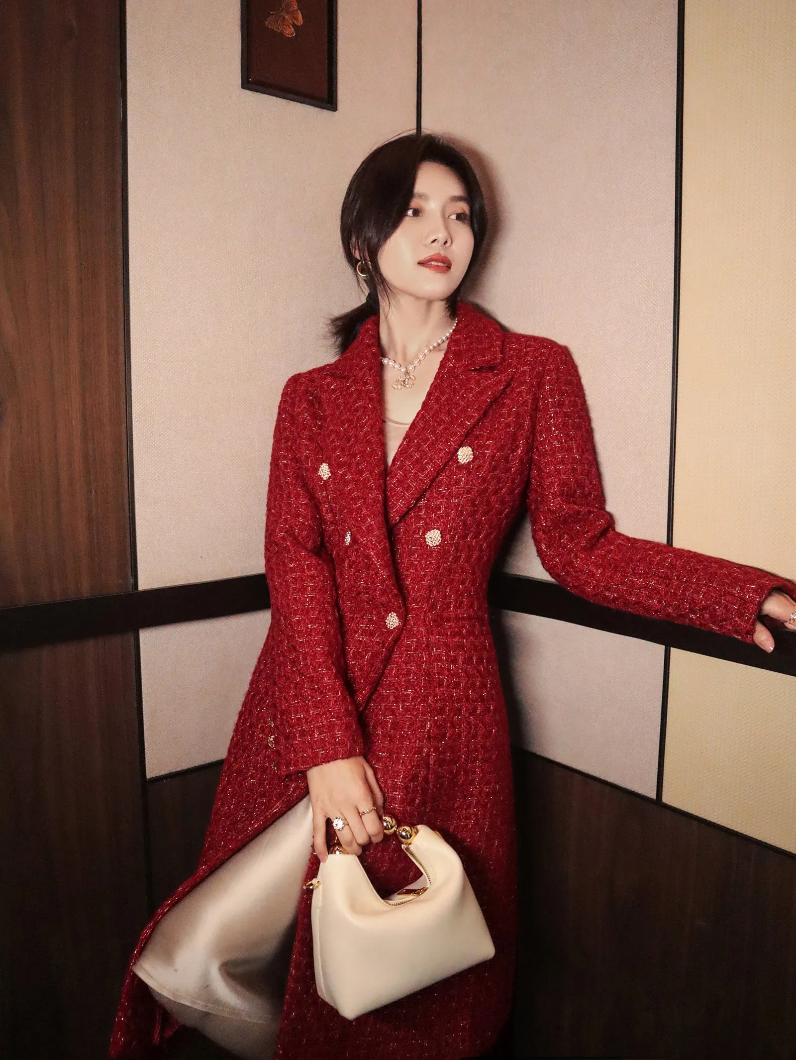 French retro wine red elegant modern bright light luxury waist modern mid-length coat jacket= Dora