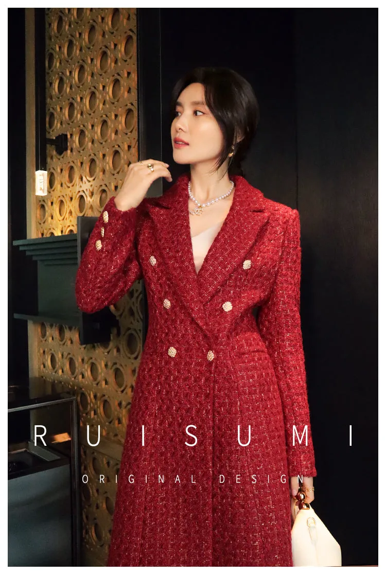 French retro wine red elegant modern bright light luxury waist modern mid-length coat jacket= Dora