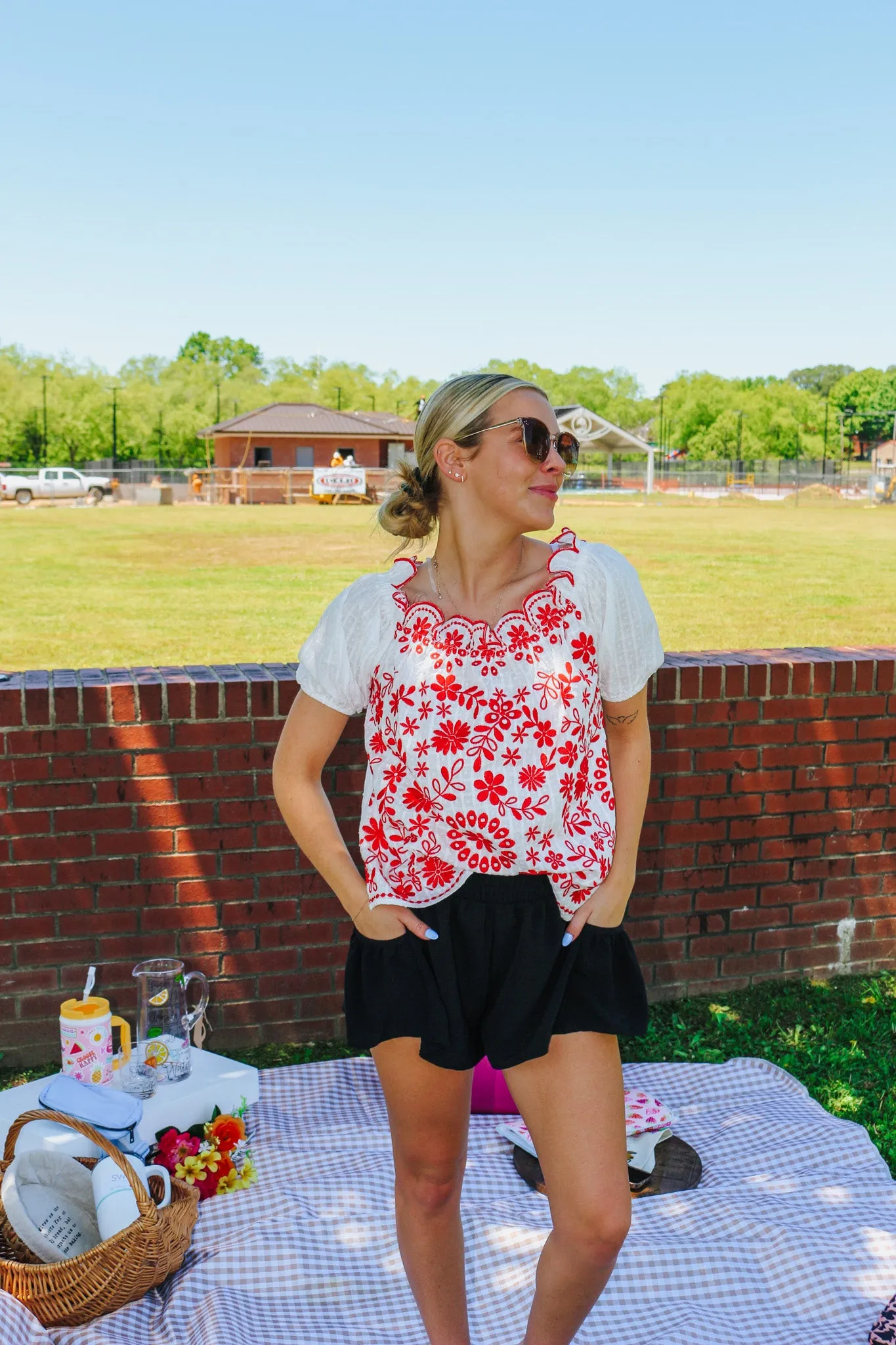 Good For Business Ivory Red Floral Blouse
