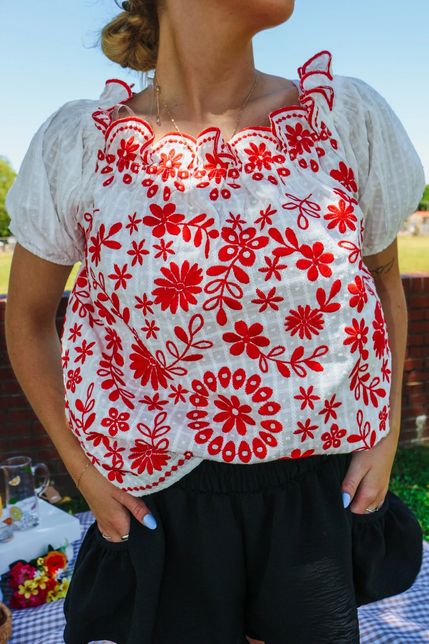 Good For Business Ivory Red Floral Blouse