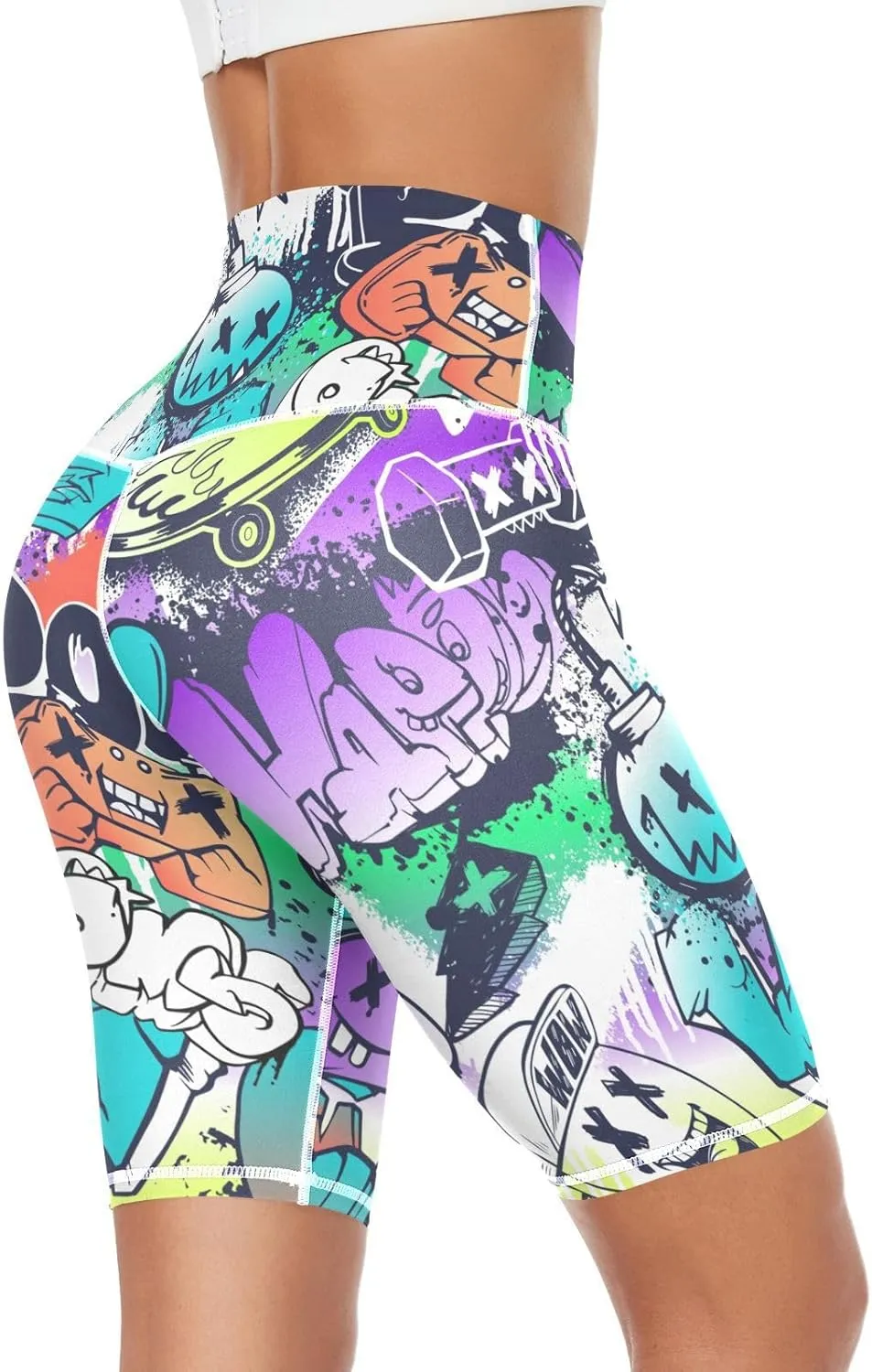Graffiti Cartoon Yoga Leggings for Women High Waist Tummy Control Stretchy Women Leggings Tummy Control X-Small