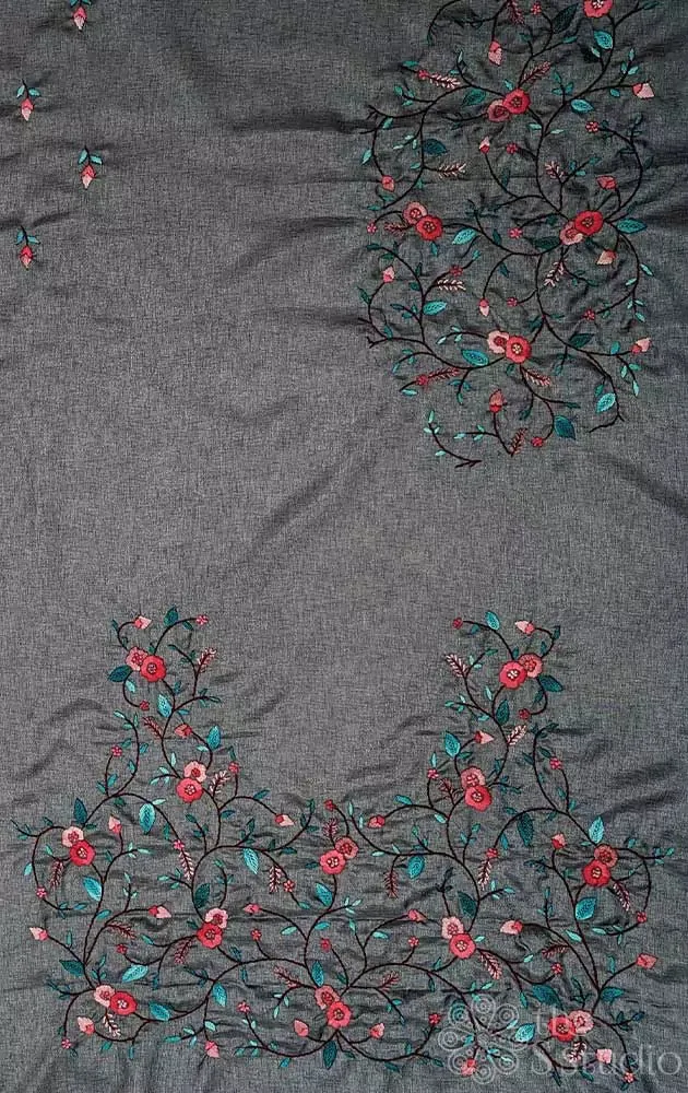 Grey tussar silk fabric with floral kutch hand embroidery