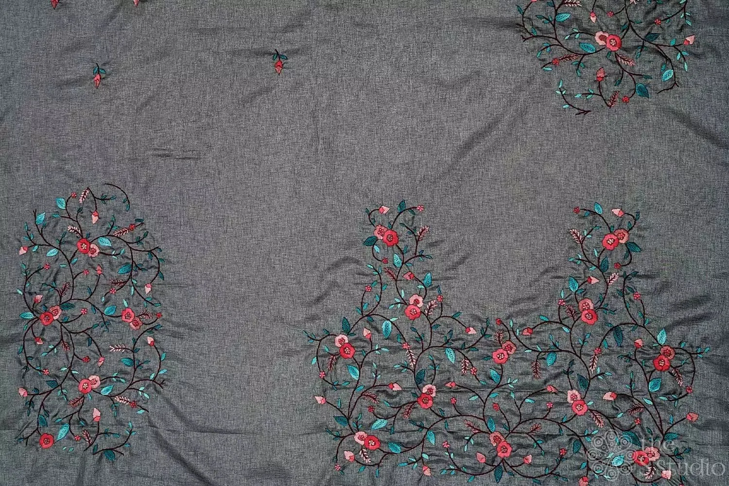 Grey tussar silk fabric with floral kutch hand embroidery