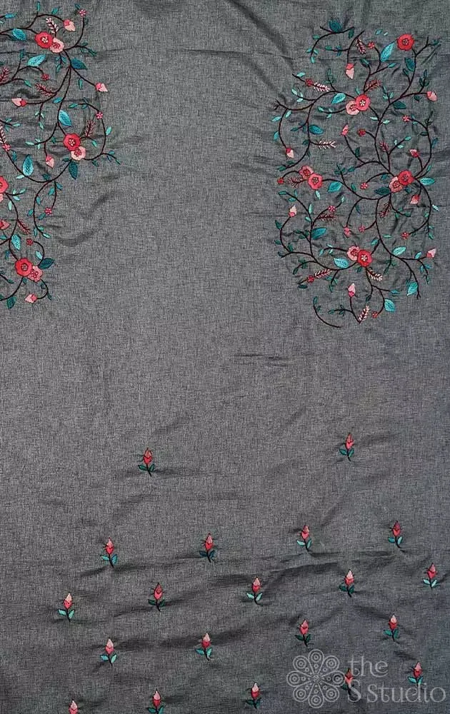 Grey tussar silk fabric with floral kutch hand embroidery