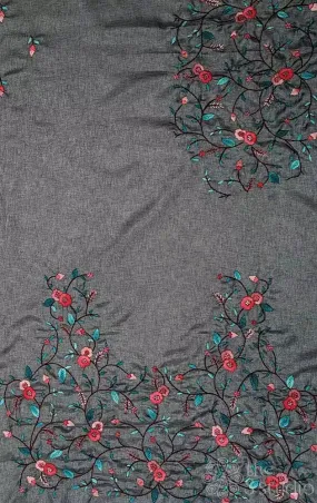 Grey tussar silk fabric with floral kutch hand embroidery