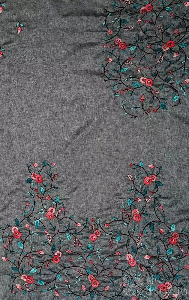 Grey tussar silk fabric with floral kutch hand embroidery